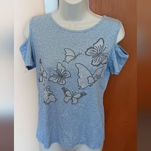 NWOT Cold Shoulder Short Sleeve Butterfly Sequin Top